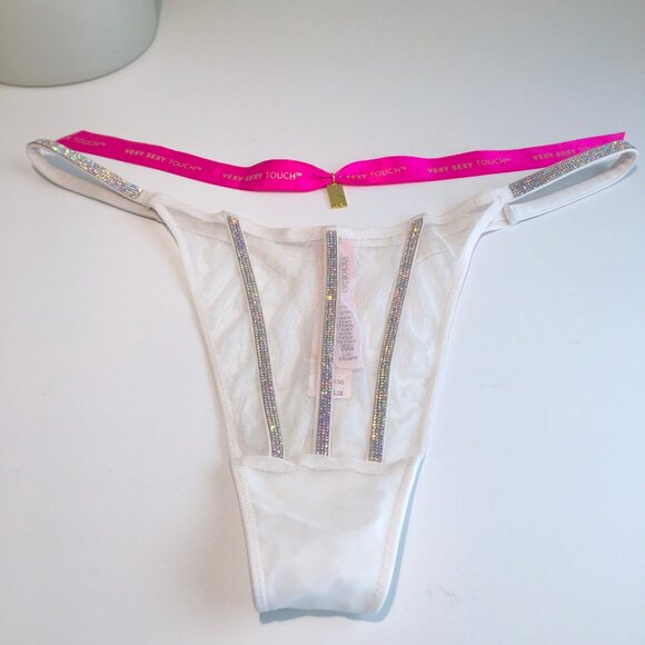 VS Shine Strap Triple Stripe White Mesh Rhinestone Bling Thong L NWT - Picture 3 of 8